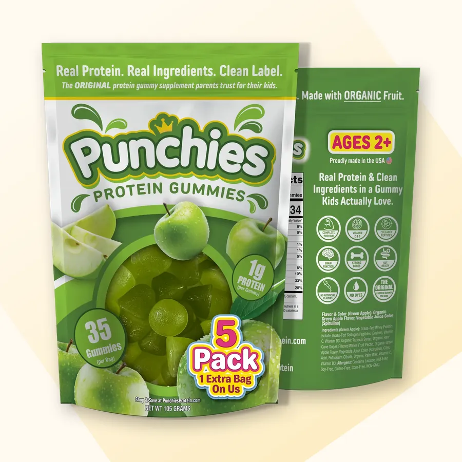 Original kids protein gummies: Punchies green apple protein gummies, 5-bag pack