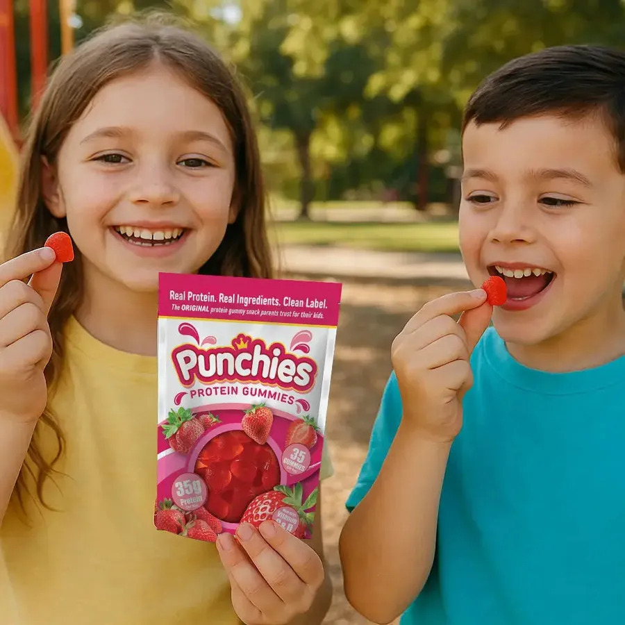 Original kids protein gummies: two kids snacking on Punchies protein gummies